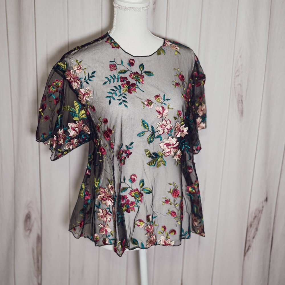 Urban Outfitters Kimchi Blue Sheer Black Floral Embroidered Top - XS - NWT